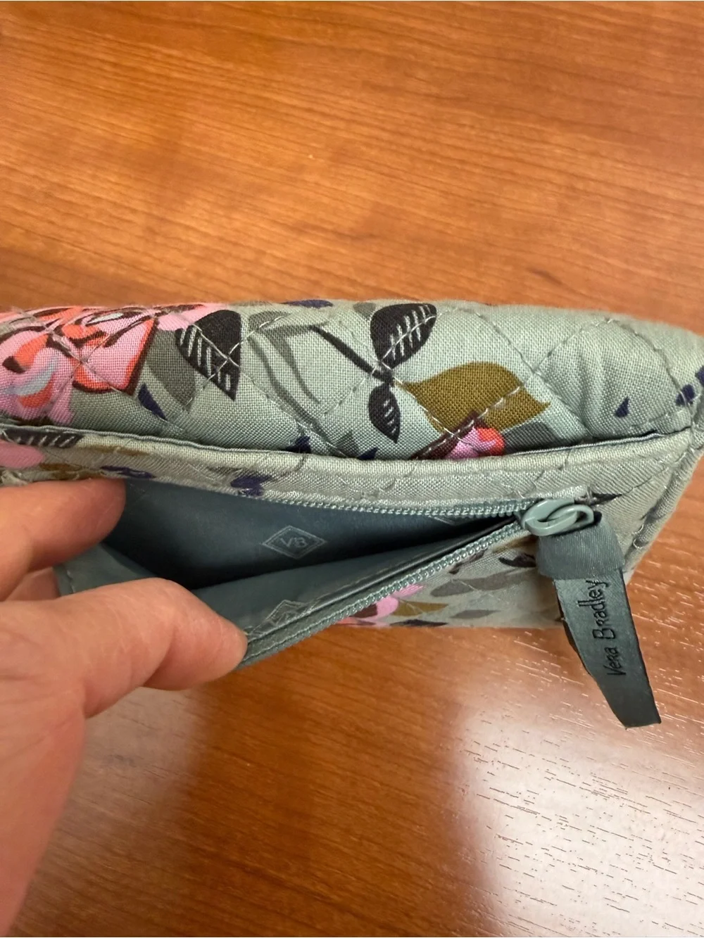 Vera Bradley Cotton RFID Riley Trifold Wallet in the Rosy Outlook Green Floral - Picture 6 of 8